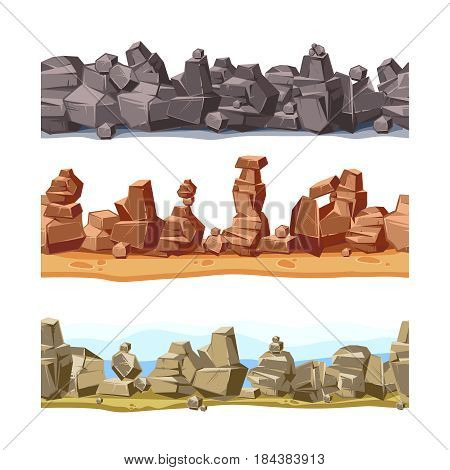 Three horizontal seamless rocky, mountains landscape for game user interface. Vector cartoon illustration set. Stump of stones landscape