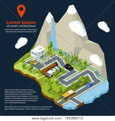 Vector isometric street. Urban elements on 3d map. Different houses set and roads. City isometric map, illustration of town street map