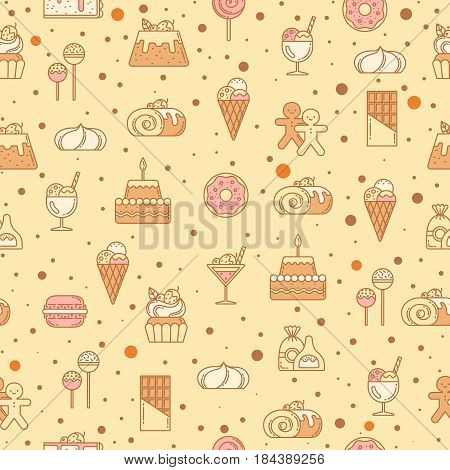 Sweet seamless pattern with cupcakes, candy, lollipop and other bakery foods. Vector illustration. Pattern with assortment sweet nutrition, bake and cake, taste and sweet cupcake