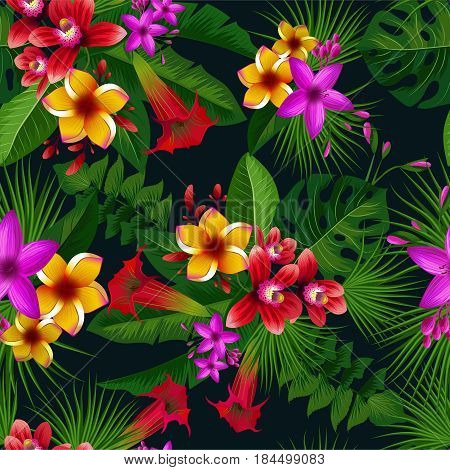 Exotic summer tropical flowers. Vector seamless pattern. Vintage illustration. Botanical tropical pattern with plants and colored flowers, natural colored bloom flower exotic garden