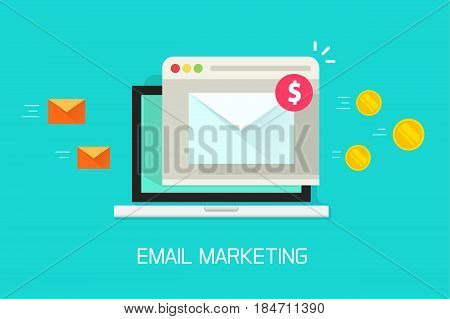 Email marketing campaign vector illustration, flat cartoon laptop computer screen with browser window and email newsletter conversion to money flow, income from e-mail campaign