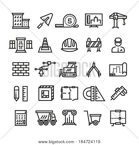 Construction industry, building house, architectural engineering and machinery thin line vector icons. Construction industry icons, illustration of house construction