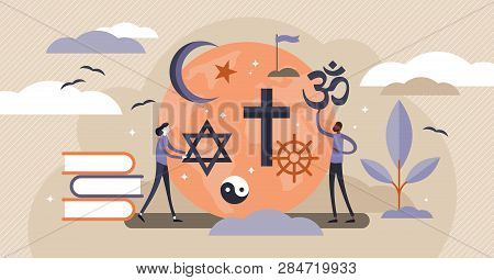 Religion Vector Illustration. Flat Tiny Symbolic Element Collection Set Persons Concept. Theology St