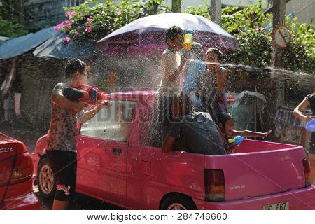 Bangkok, Thailand - April 15: Water Fight In Songkran Festival Thai New Year On April 15, 2011 In So