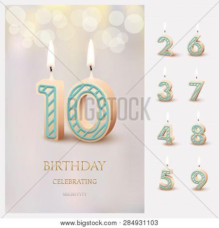 Burning Number 10 Birthday Candles With Birthday Celebration Text On Light Blurred Background And Bu