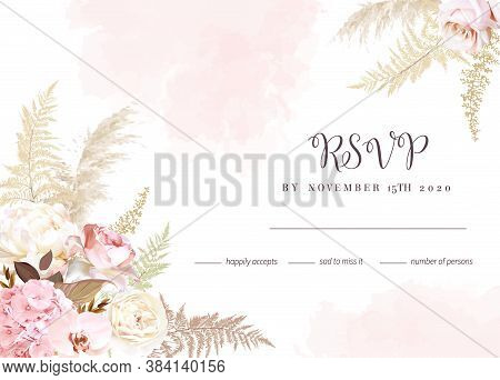 Luxurious Beige Trendy Vector Design Watercolor Frame. Pastel Pink Rose, Creamy Ranunculus, Blush Hy