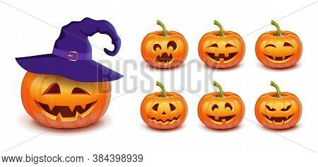 Set Pumpkin On White Background. The Main Symbol Of The Happy Halloween Holiday. Orange Pumpkin With