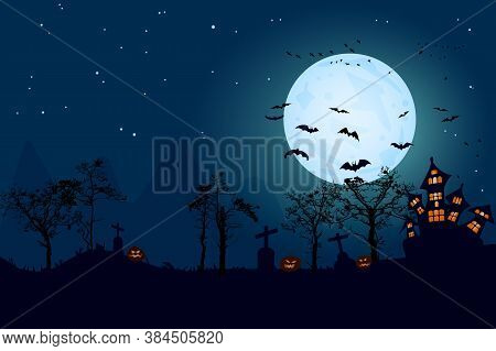 Halloween Horror Landscape With Full Moon Banner. Haunted House, Pumpkins, Cemetery Cross And Bats. 