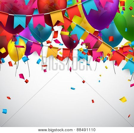 Celebrate background. Party flags with confetti. Realistic balloons. Vector illustration. 