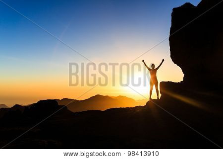 Woman Climber Success Silhouette In Mountains, Ocean And Sunset