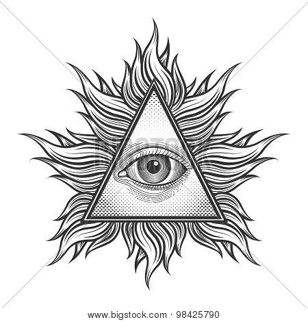 All seeing eye pyramid symbol in the engraving tattoo style