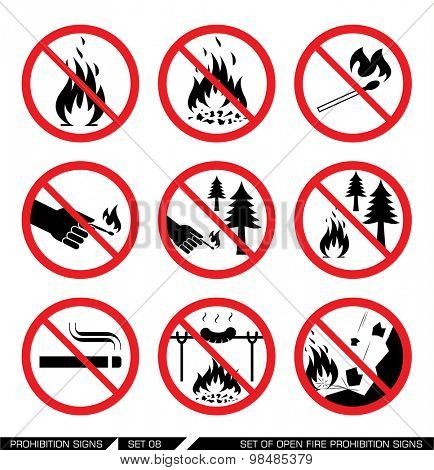 Set of open fire prohibition signs. Collection of prohibition signs. Open fire banned. No lighting fire in nature. Signs of danger. Signs of alerts. Fire icons.