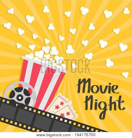 Popcorn popping. Big movie reel. Ticket Admit one. Three star. Cinema movie icon in flat design style. Film strip border. Red yellow strip box. Yellow star burst sunburst wave background Vector