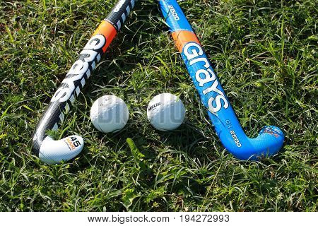 hockey sticks and balls for hockey grass