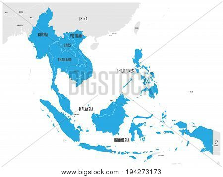 ASEAN Economic Community, AEC, map. Grey map with blue highlighted member countries, Southeast Asia. Vector illustration.