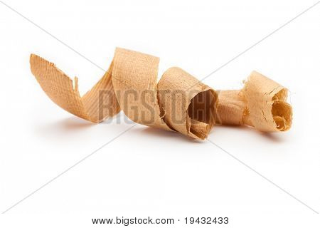 Curled wooden shavings isolated on white.