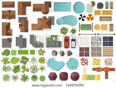 Set Landscape elements, top view.House, garden, tree, lake,swimming pools, bench, table. Landscaping symbols set isolated on white