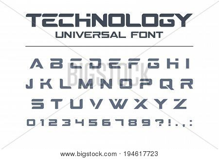 Technology universal font. Geometric, sport, futuristic, future techno alphabet. Letters and numbers for military, industrial, electric car racing logo design. Modern minimalistic vector typeface