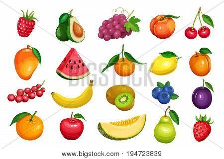 Raspberries, strawberries, grapes, currants and blueberries. Lemon, peach, apple, pear, orange watermelon avocado and melon set Vector illustration berries and fruits in cartoon style.