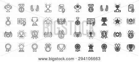 Award Line Icons. Set Of Winner Medal, Victory Cup And Laurel Wreath Award Icons. Reward, Certificat