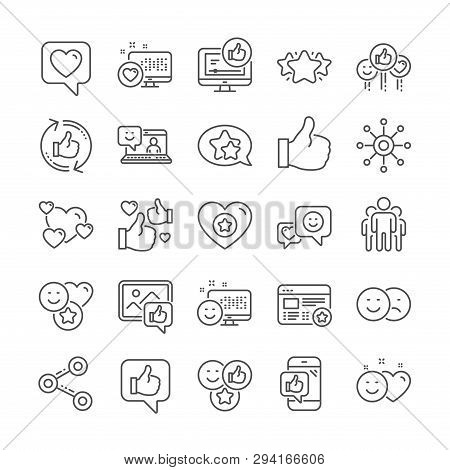 Social Media Line Icons. Set - Share Network, Rating And Social Links Linear Icons. Heart, Feedback 