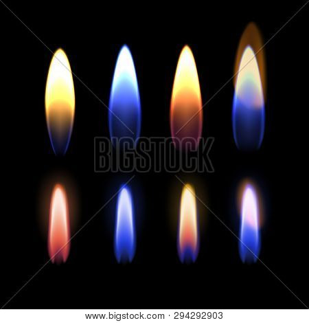 Vector Illustration Of Burning Flame Of Gas, Zinc, Potassium, Strontium, Sodium, And Copper On Black