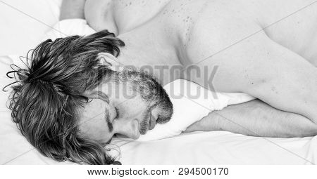 Sleep And Relax Concept. Man Handsome Guy Sleep. Sleep Is Vital To Your Physical And Mental Health. 