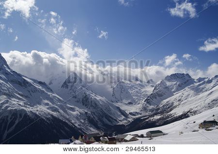 Cafe And Hotels In High Mountains. Ski Resort.