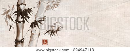 Bamboo On Vintage  Background. Traditional Japanese Ink Wash Painting Sumi-e. Hieroglyph- Eternity