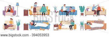 Collection Of Ill Or Sick And Recovered People On Sofa Or Couch At Home. Sick Person Having Cold. Ad