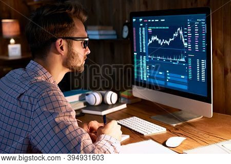 Serious Business Man Trader Analyst Looking At Computer Monitor, Investor Broker Analyzing Indexes, 