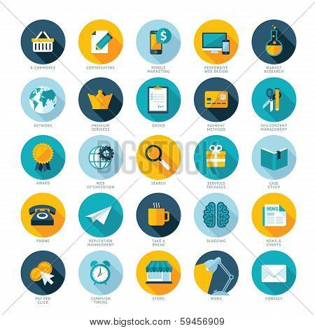 Set of flat design icons for E-commerce, Pay per click marketing, Responsive web design, SEO, Reputa