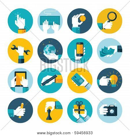 Modern flat icons vector collection of hand using a computer, mobile phone, digital tablet, camera,