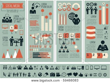 Flat Social Media Infographics plus Icon Set. Vector.