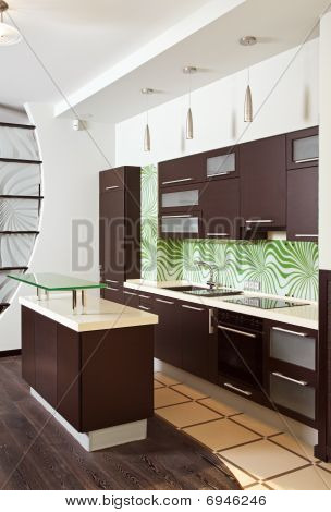 Modern Kitchen Interior With Hardwood Furniture