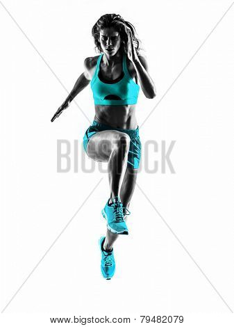 one caucasian woman runner running jogger jogging  in studio silhouette isolated on white background