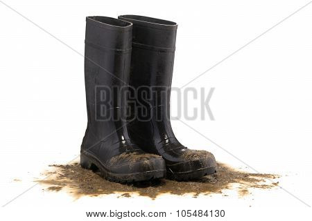 Muddy Rubber Boots 3/4 View Isolated On White Background