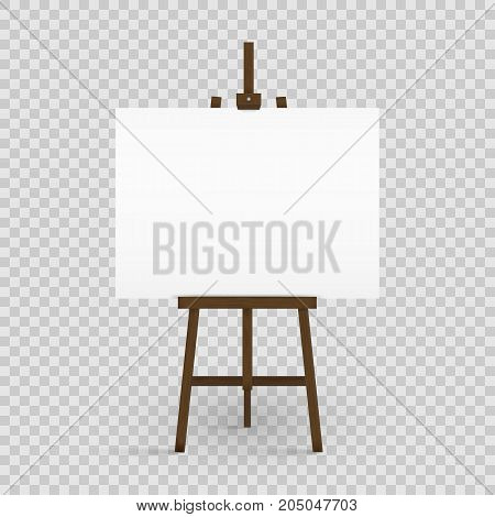 Blank canvas on a artist' easel. Blank art board and wooden easel isolated on transparent background. Vector illustration. Eps 10.