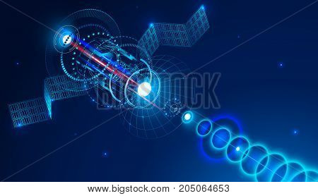 Geostationary telecommunications satellite from space sends a digital signal via satellite dish. Conceptual abstract background. VECTOR.