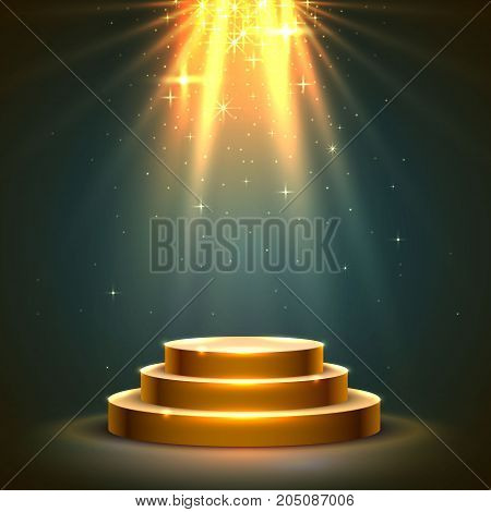 Stage podium with lighting, Stage Podium Scene with for Award Ceremony on dark  background, Vector illustration