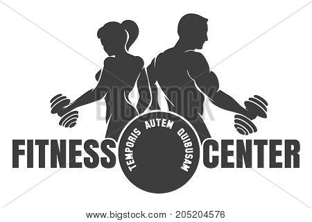 Fitness club logo with exercising athletic man and woman isolated on white vector illustration