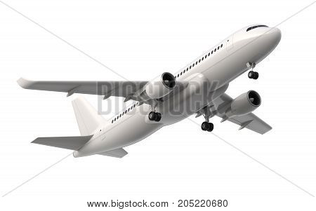 High detailed white airliner, 3d render on a white background. Airplane Take Off, isolated 3d illustration. Airline Concept Travel Passenger plane. Jet commercial airplane