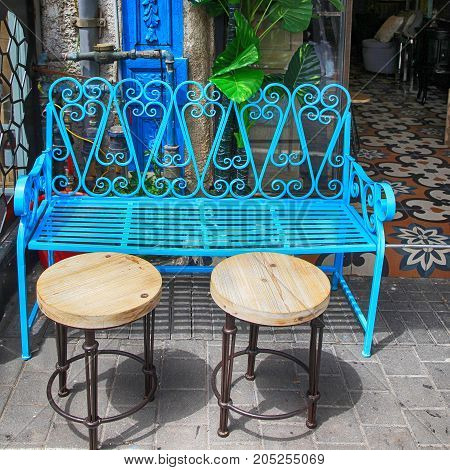 Vintage blue iron furniture at Jaffa flea market district in Tel Aviv-Jaffa, Israel. Square image