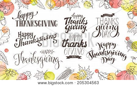 Thanksgiving wording isolated on white. Happy Thanksgiving day hand drawn text. Autumn objects square frame with watercolor. Pumpkin, corn, cranberry and leaves sketch with holiday inscriptions.