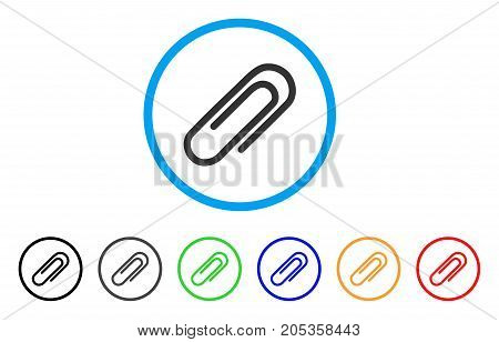 Attach Paperclip rounded icon. Style is a flat attach paperclip gray symbol inside light blue circle with black, gray, green, blue, red, orange color versions.