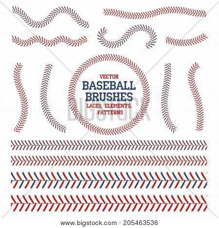 Baseball Laces Set. Baseball Seam Brushes. Red And Blue Stitches, Laces For Baseball Ball Decoration