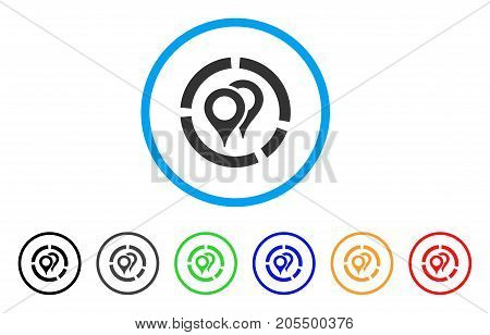 Geotargeting Diagram rounded icon. Style is a flat geotargeting diagram grey symbol inside light blue circle with black, gray, green, blue, red, orange color versions.