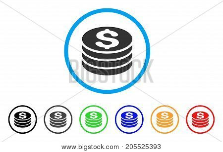 Dollar Coin Stack rounded icon. Style is a flat dollar coin stack gray symbol inside light blue circle with black, gray, green, blue, red, orange variants.