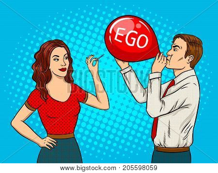 Woman pierce balloon with needle pop art retro vector illustration. Ego destruction metaphor. Comic book style imitation.