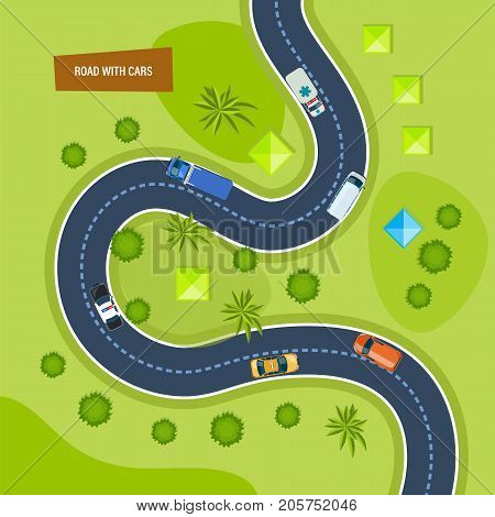 Road with cars. Moving cars on road, top view. Concept of highway traffic, urban transport, landscape. Path and travel, car journey, traffic map of city asphalt street. Vector illustration.